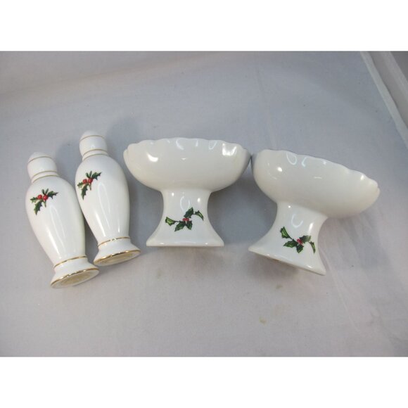 Lefton China Holly Salt Pepper Shakers and 2 Pedestal Candy Nut Dish Set - Picture 8 of 11